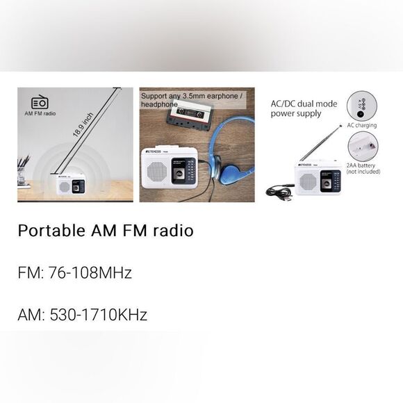 RETEKESS Cassette Player AM FM Portable Radio.  Requires two AA batteries - Picture 5 of 9
